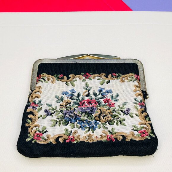 Vintage Needlepoint Tapestry Coin Purse: Victorian Floral - Gold Tone Clutch - Picture 2 of 10